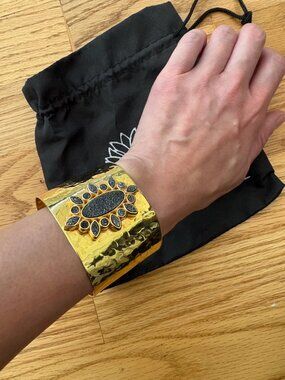 Fabrizio Giannone Gold Hammered Druzy Stone Statement Cuff Bracelet + Dust Bag